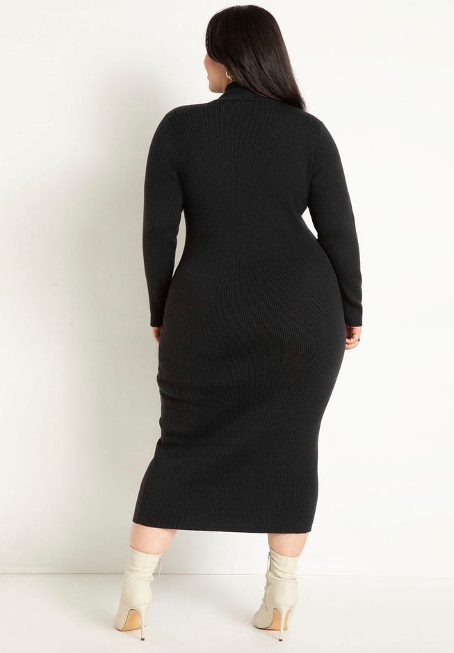 Asymmetrical Button Sweater Dress - Mock Neck Style, Black Onyx | ELOQUII Asymmetrical Button Sweater Dress - Mock Neck Style, Black Onyx | ELOQUII