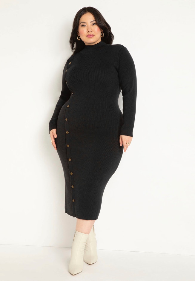 Asymmetrical Button Sweater Dress - Mock Neck Style, Black Onyx | ELOQUII Asymmetrical Button Sweater Dress - Mock Neck Style, Black Onyx | ELOQUII
