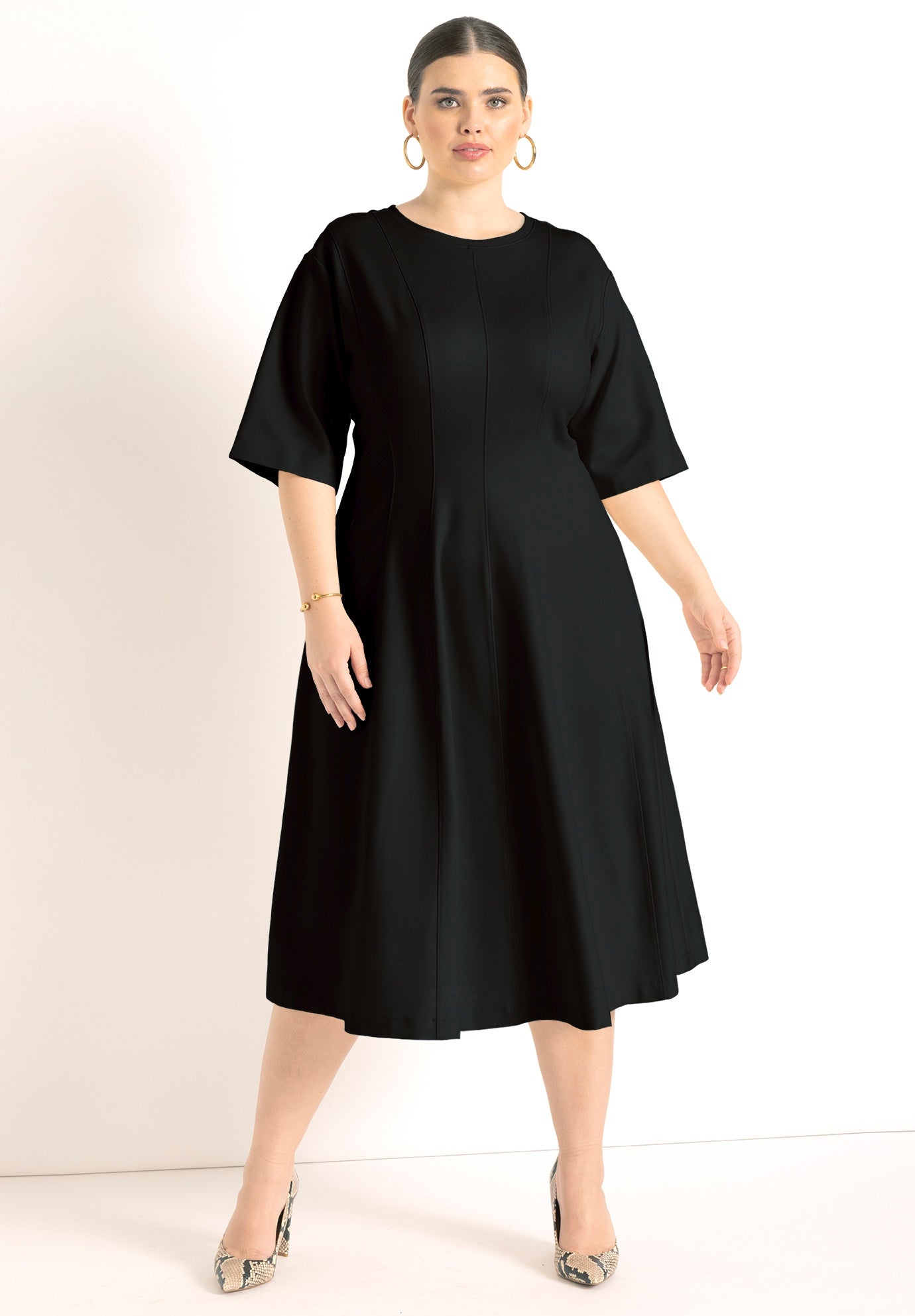 Seam Detail Ponte Midi Dress for Work, Black Onyx | ELOQUII