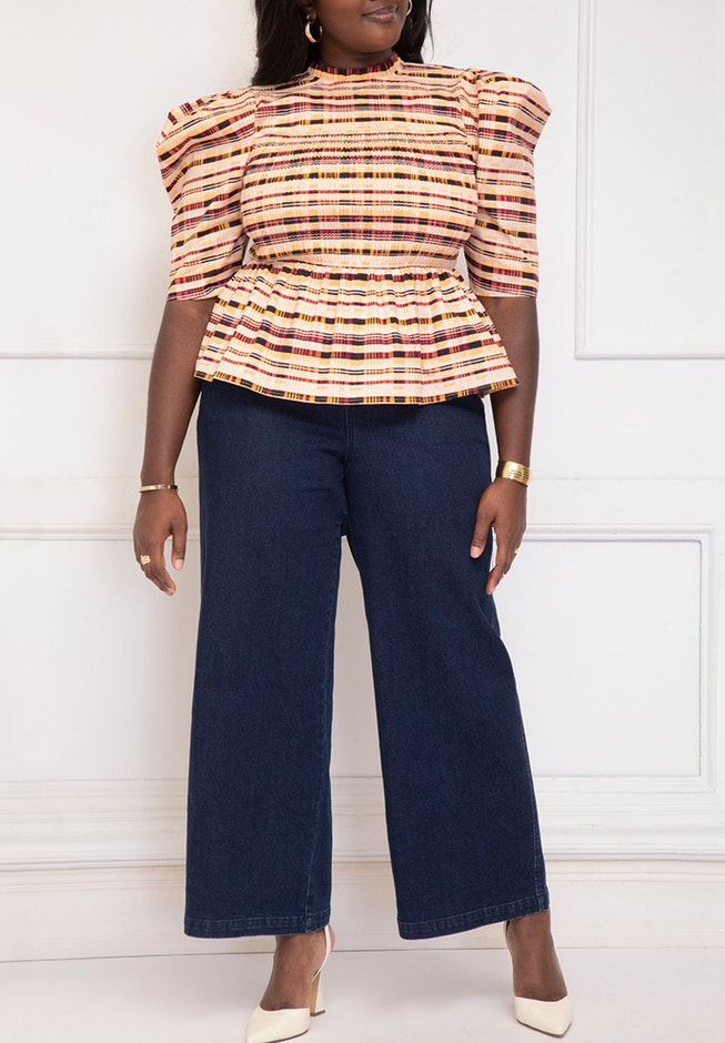 ELOQUII Elements Smocked Bodice Peplum Top image number 3