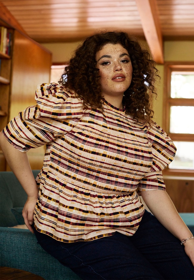 ELOQUII Elements Smocked Bodice Peplum Top image number 0