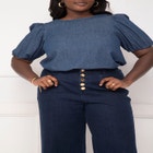 ELOQUII Elements Chambray Puff Sleeve Top With Scoop Back image number null