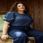 ELOQUII Elements Chambray Puff Sleeve Top With Scoop Back image number null