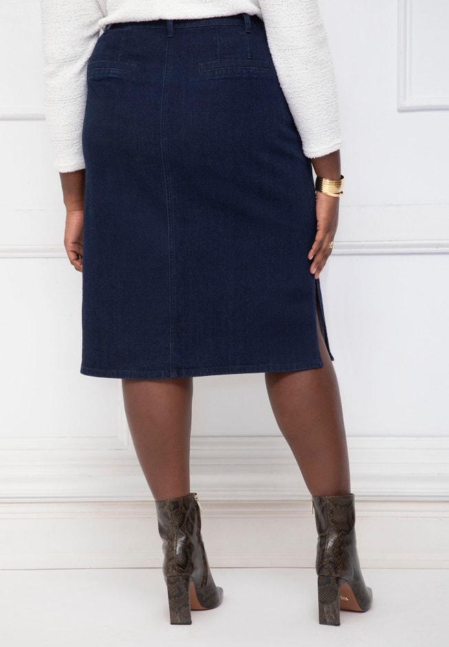 ELOQUII Elements High Rise Button Fly Denim Skirt image number 3