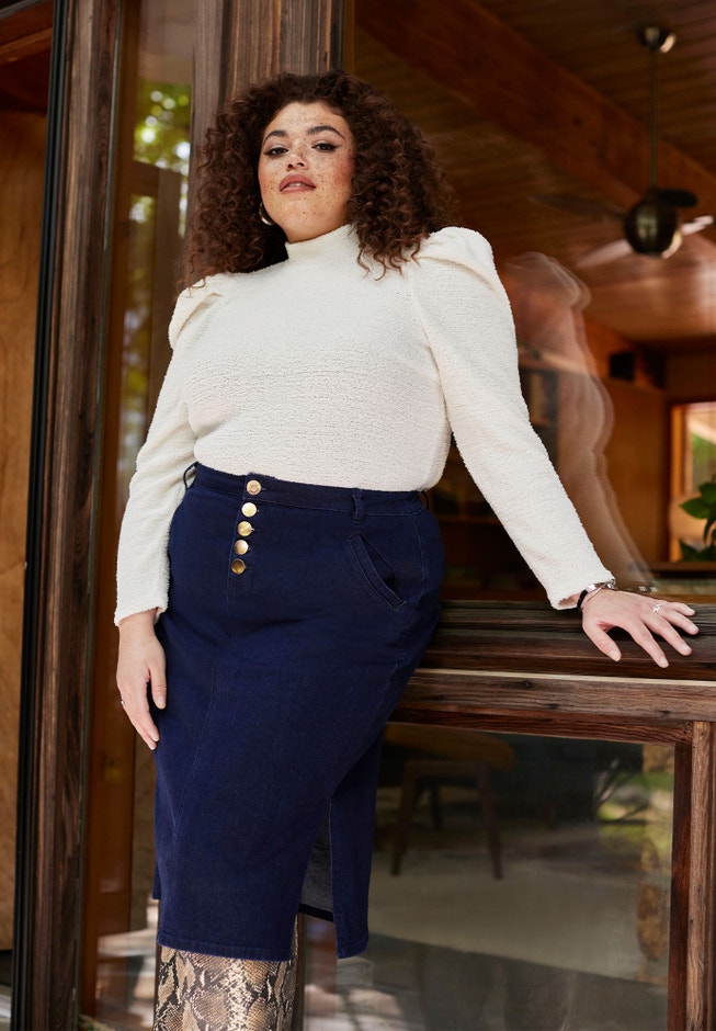 ELOQUII Elements High Rise Button Fly Denim Skirt image number 0