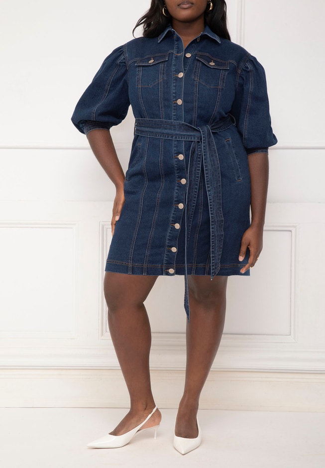 ELOQUII Elements Puff Sleeve Denim Jacket Dress image number 1