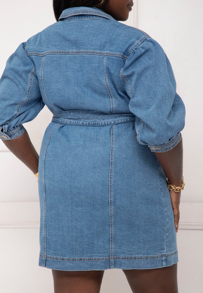 ELOQUII Elements Puff Sleeve Denim Jacket Dress image number 2