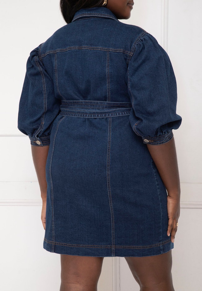 ELOQUII Elements Puff Sleeve Denim Jacket Dress image number 3