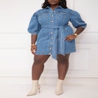 ELOQUII Elements Puff Sleeve Denim Jacket Dress image number null