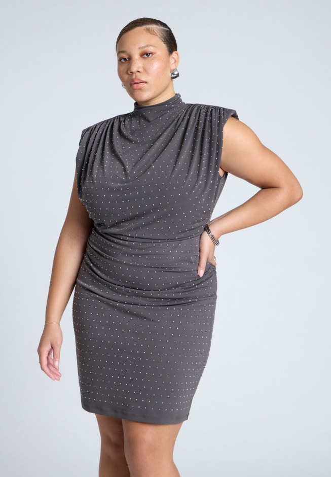 Draped Neck Rhinestone Mini Dress image number 4