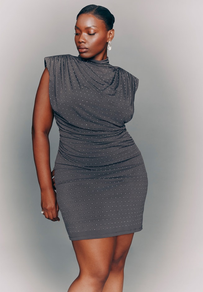 Draped Neck Rhinestone Mini Dress image number 0