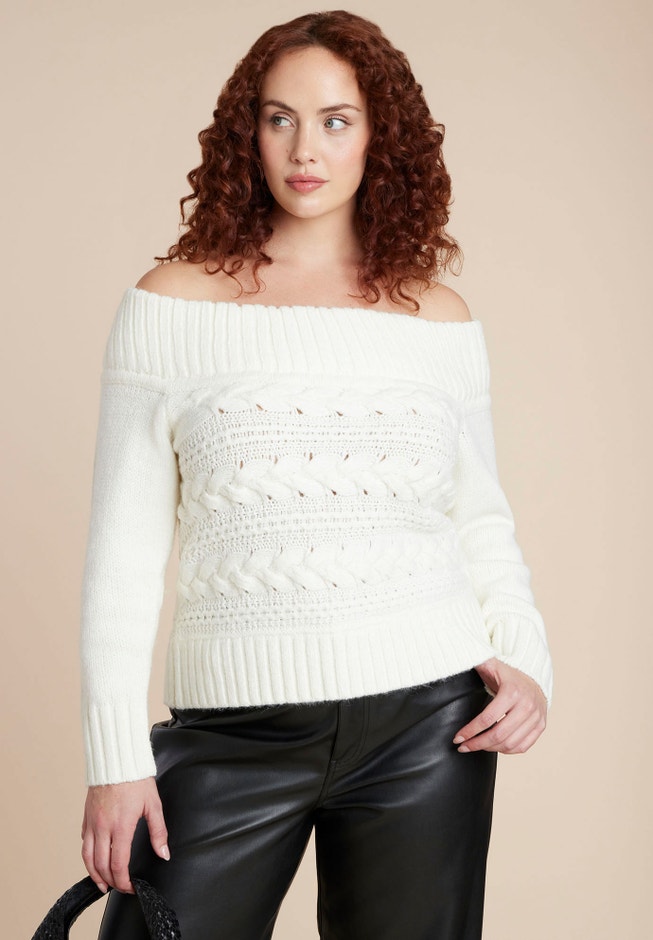 Off The Shoulder Cableknit Sweater image number 0