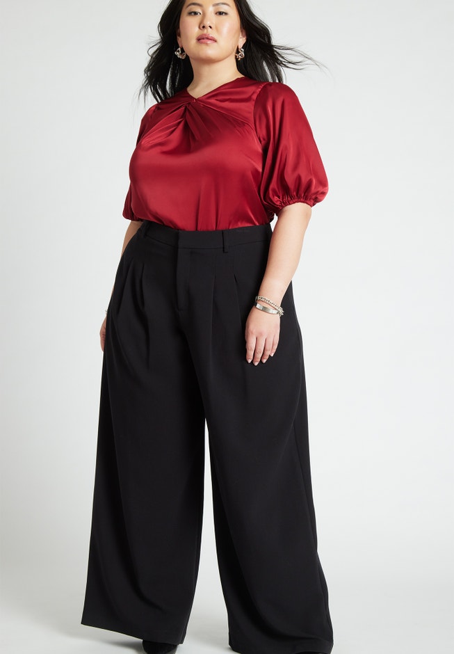 Twist Neck Puff Sleeve Satin Blouse image number 2