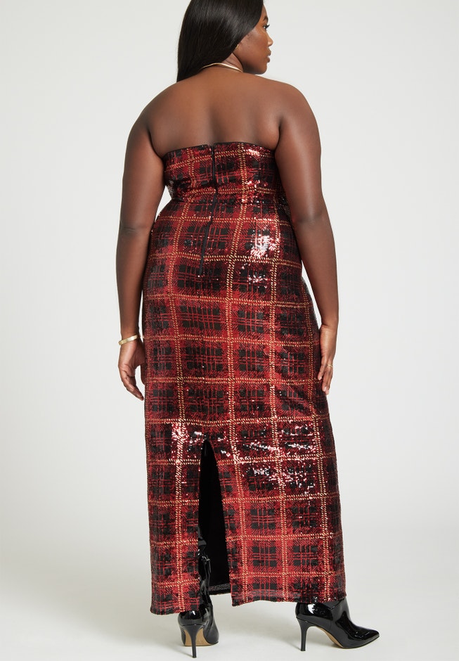 Plaid Strapless Sequin Gown image number 1