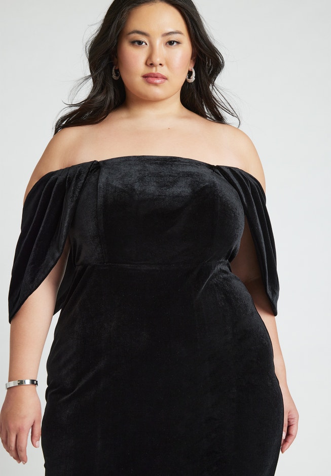 Off The Shoulder Draped Sleeve Midi Dress image number null
