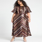Striped Sequin Dress With Puff Sleeve image number null