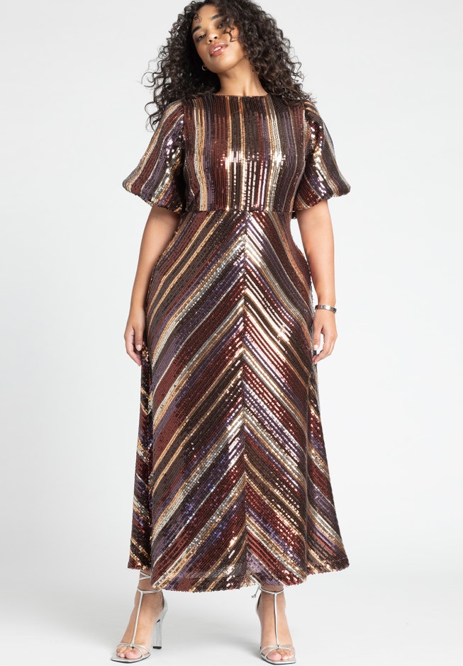 Striped Sequin Dress With Puff Sleeve image number 1