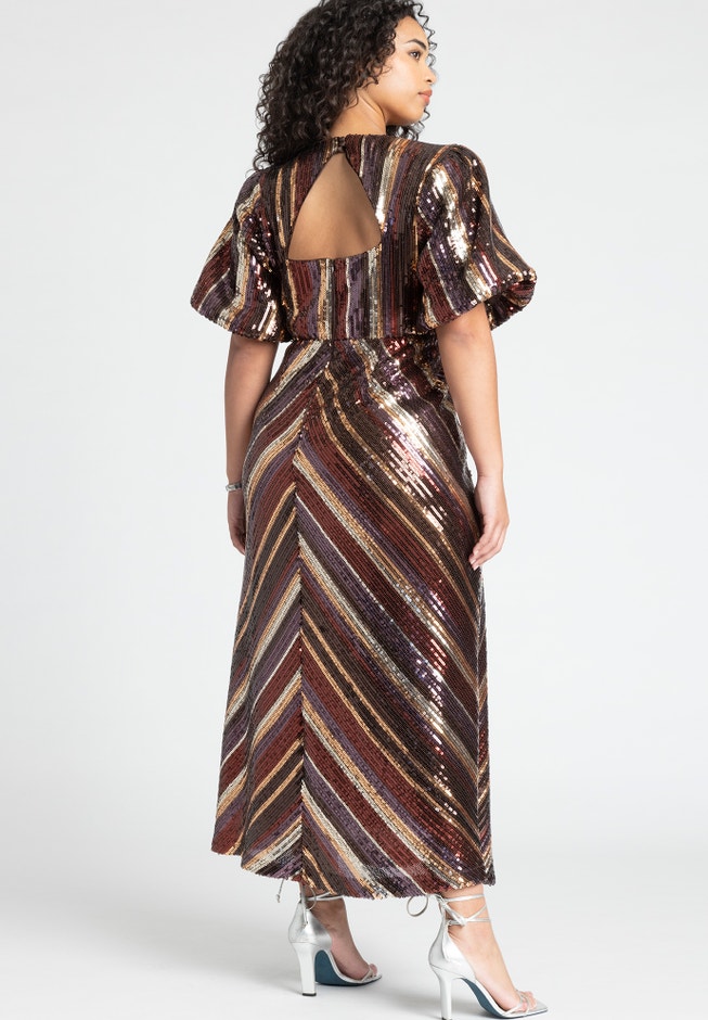 Striped Sequin Dress With Puff Sleeve image number 2