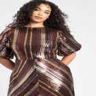 Striped Sequin Dress With Puff Sleeve image number null