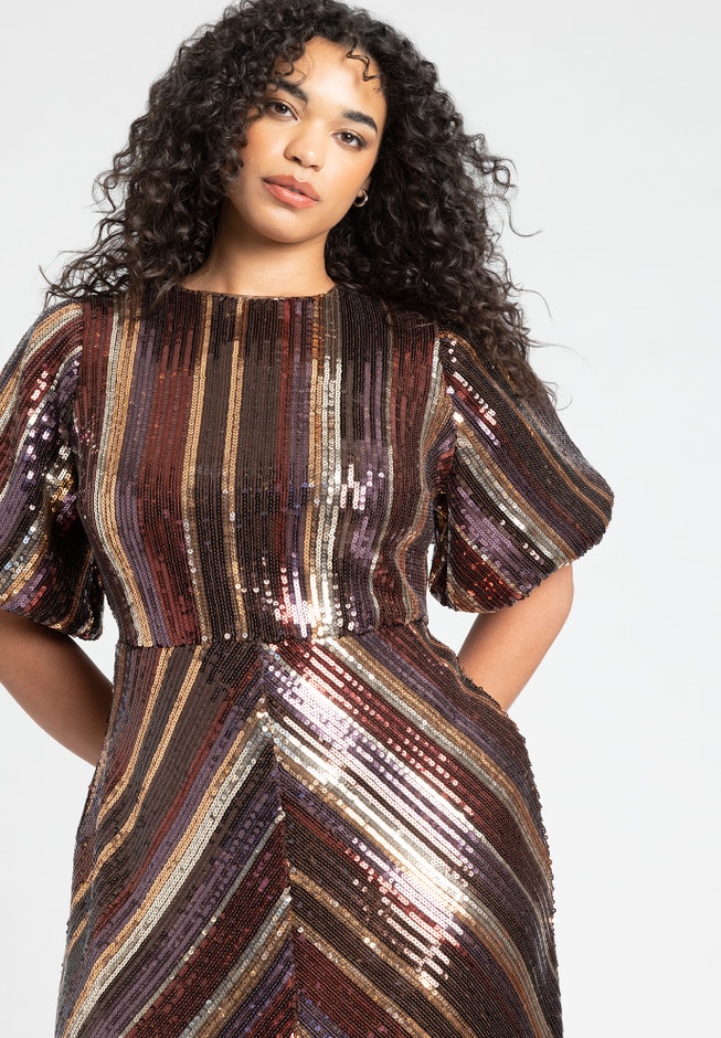 Striped Sequin Dress With Puff Sleeve image number 3