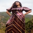 Striped Sequin Dress With Puff Sleeve image number null