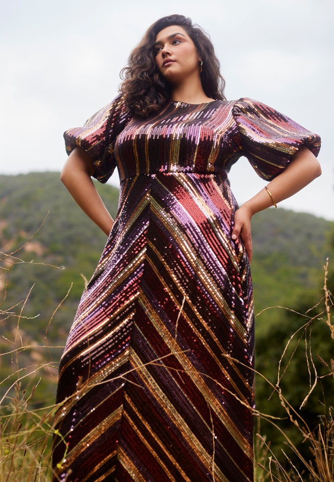 Striped Sequin Dress With Puff Sleeve image number 0