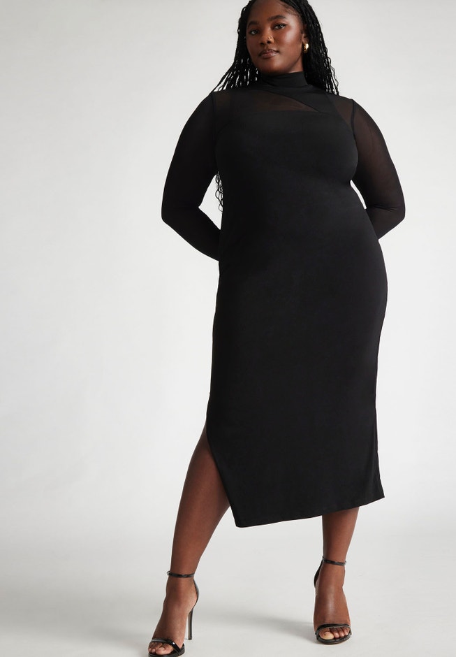 Sheer Panel Fitted Mock Neck Dress, Black Onyx | ELOQUII Sheer Panel Fitted Mock Neck Dress, Black Onyx | ELOQUII
