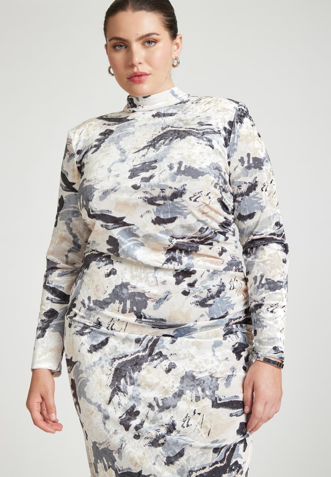 Printed Velvet Mock Neck Dress image number null