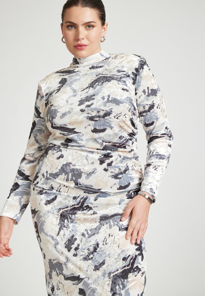 Printed Velvet Mock Neck Dress image number null