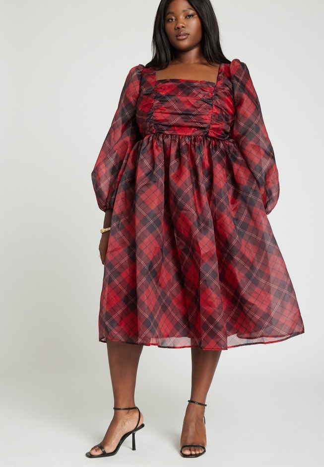 Plaid Puff Sleeve Midi Dress image number 1
