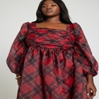 Plaid Puff Sleeve Midi Dress image number null