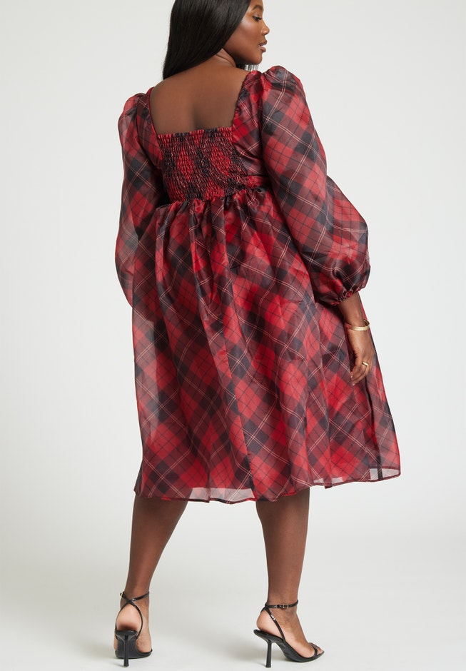 Plaid Puff Sleeve Midi Dress image number 3