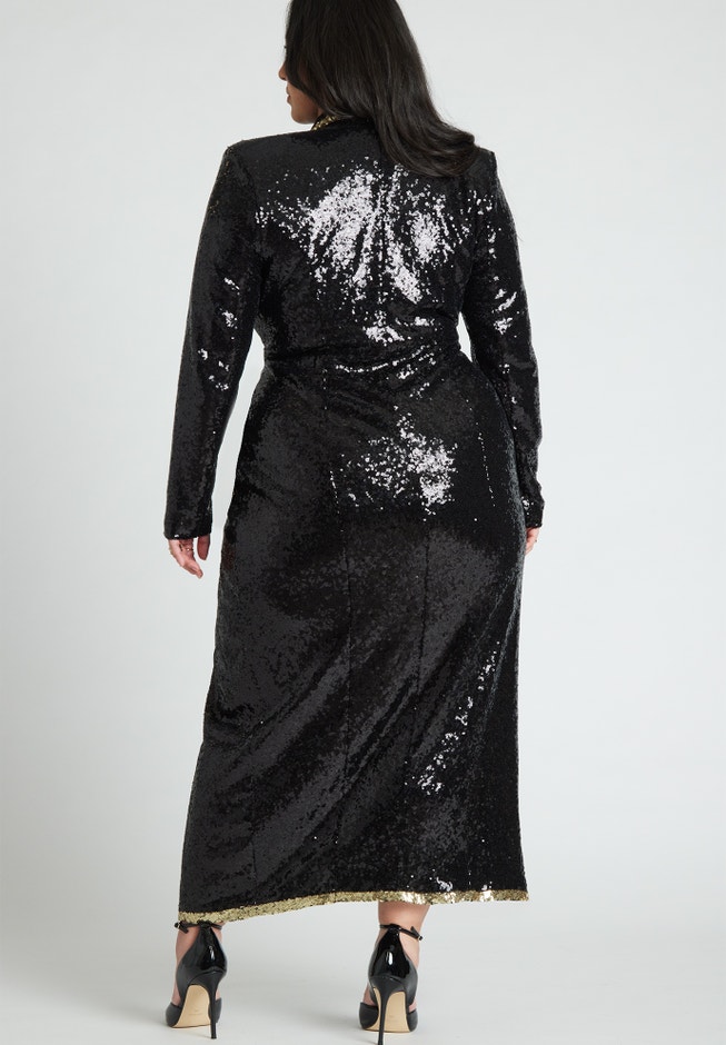 Sequin Maxi Dress With Lapel And Gold Detail image number 2