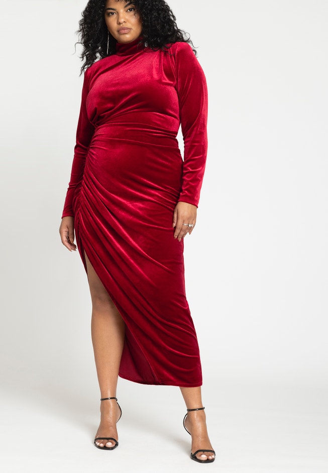 Mock Neck Velvet Dress With Slit image number 2