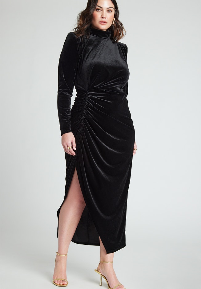 Mock Neck Velvet Dress With Slit | ELOQUII Mock Neck Velvet Dress With Slit | ELOQUII