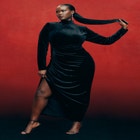 Mock Neck Velvet Dress With Slit image number null