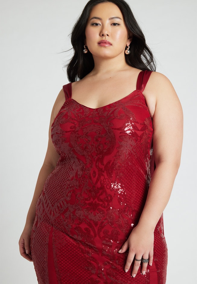 Sequin Midi Dress with V Neck and Satin Straps, Salsa | ELOQUII Sequin Midi Dress with V Neck and Satin Straps, Salsa | ELOQUII
