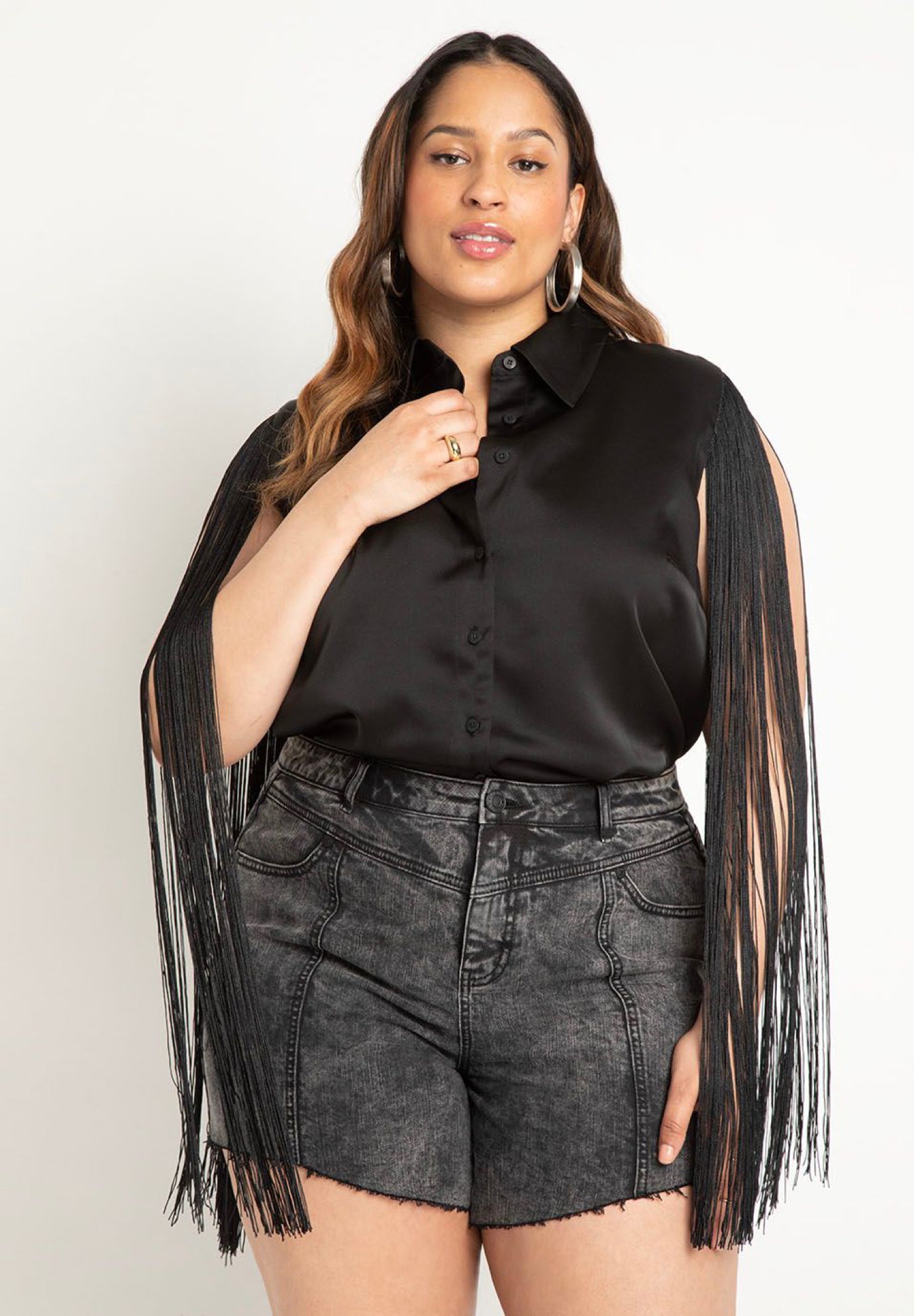Button Down Top With Fringe Sleeves image number 0