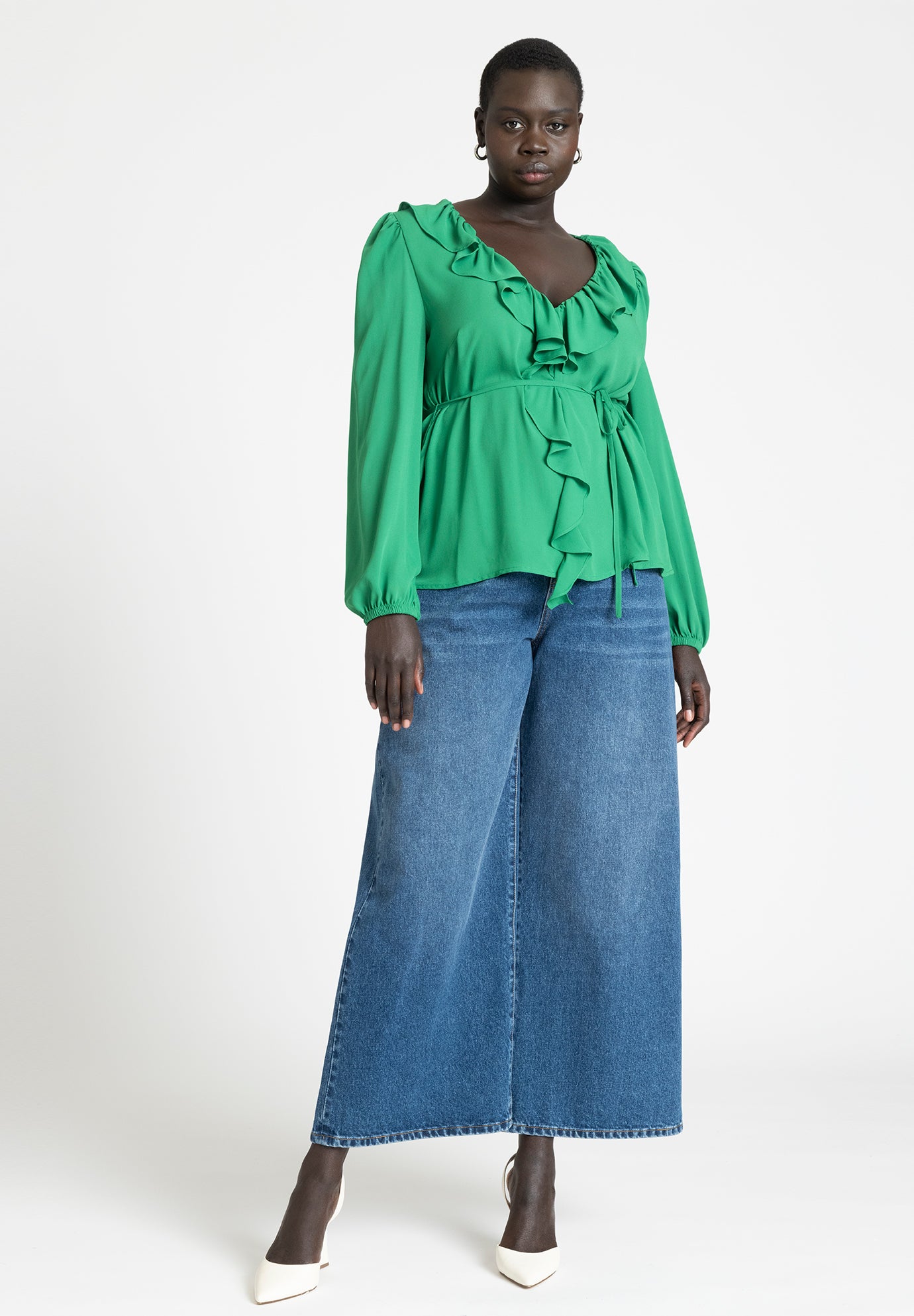 Ruffle V Neck Blouse with Puff Sleeves, 4488558 | ELOQUII