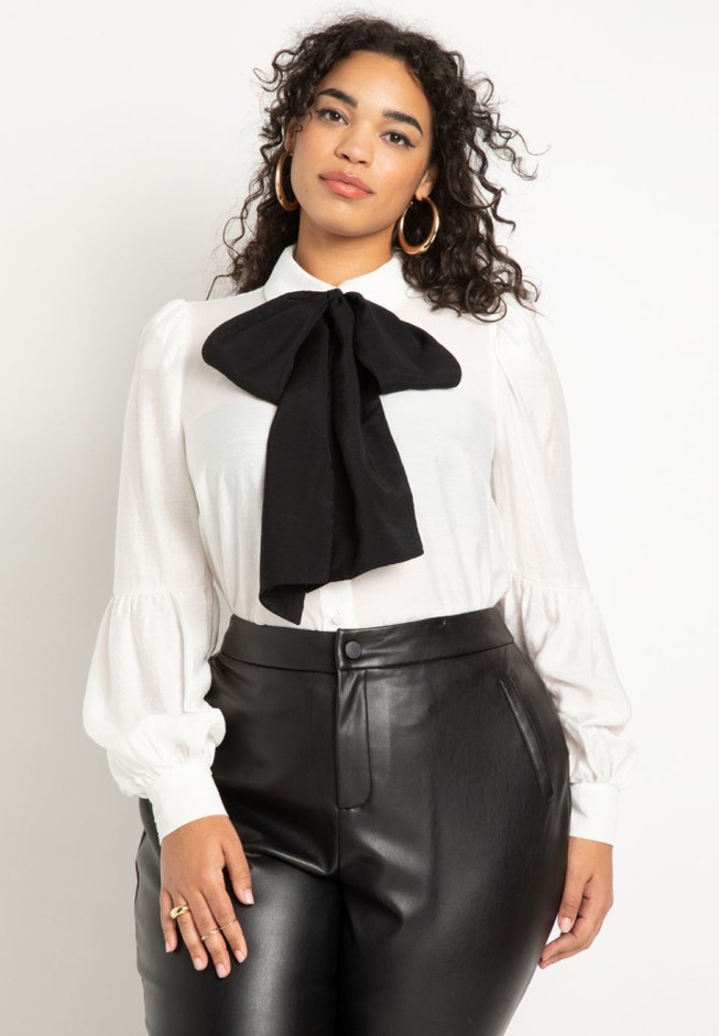 Contrast Bow Puff Sleeve Blouse image number null