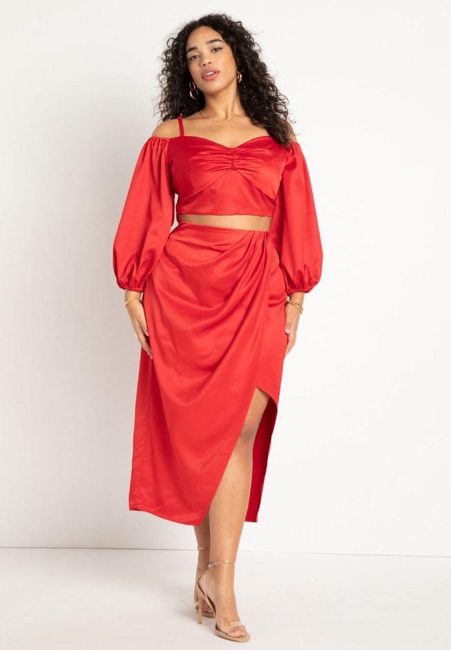 Sweetheart Neckline Cropped Satin Blouse image number null