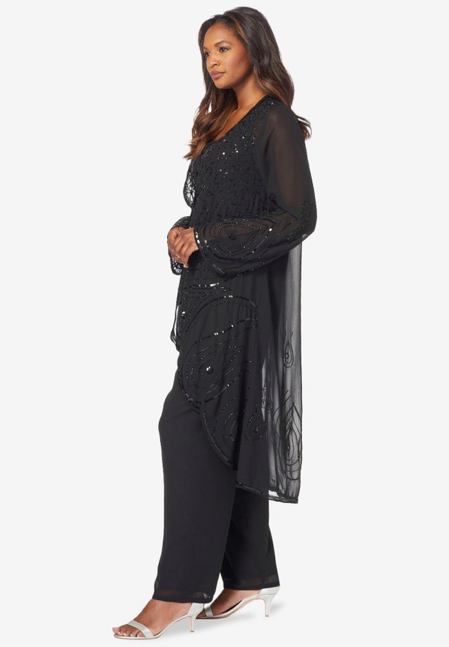 Plus Size Beaded Georgette Scoop Neck 3-Piece Pant Set image number 2