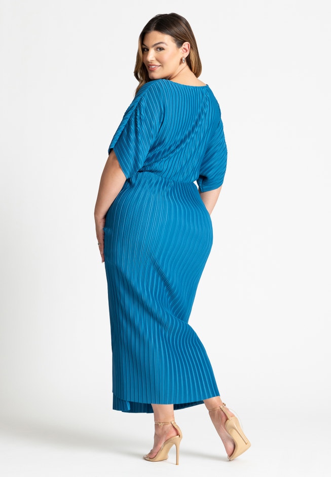 Relaxed Draped Plisse Dress - Maxi Length, Dark Bluejay | ELOQUII Relaxed Draped Plisse Dress - Maxi Length, Dark Bluejay | ELOQUII