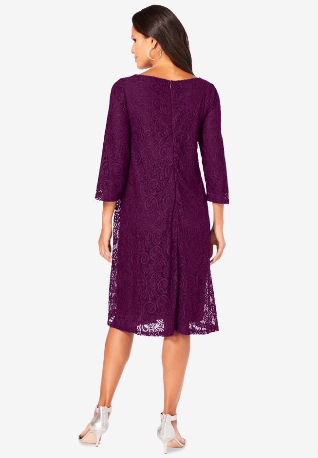 Plus-Size 3/4 Sleeve Boatneck Lace Swing Dress image number 2