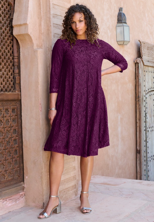 Plus-Size 3/4 Sleeve Boatneck Lace Swing Dress image number 1