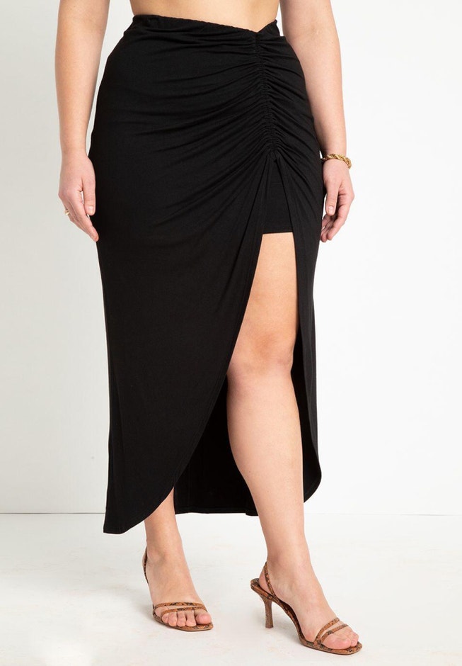 Shirred Midi Skirt With Slit image number 1