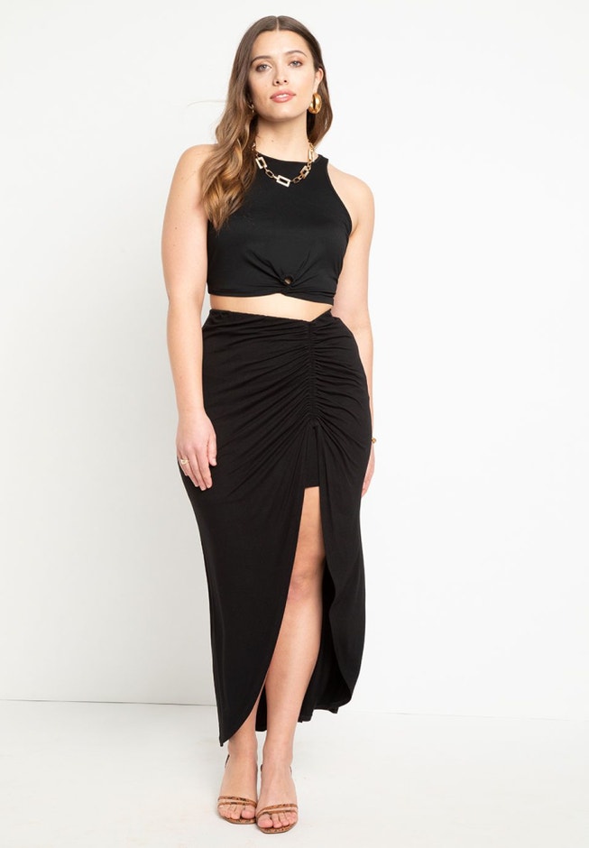 Shirred Midi Skirt With Slit image number 0