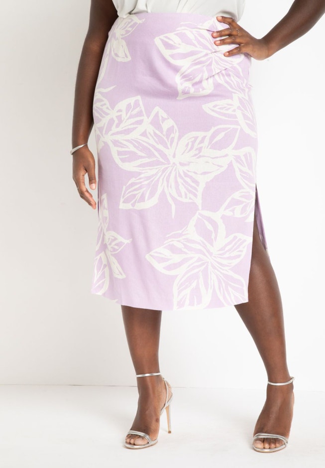 Printed Linen Midi Skirt With Slit image number 1