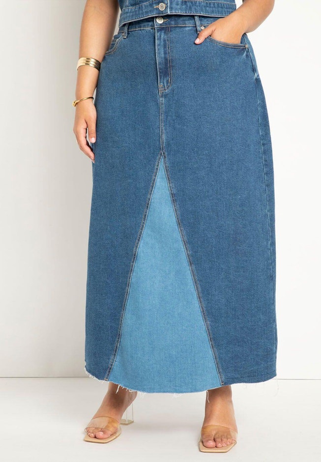Colorblocked Denim Maxi Skirt image number null