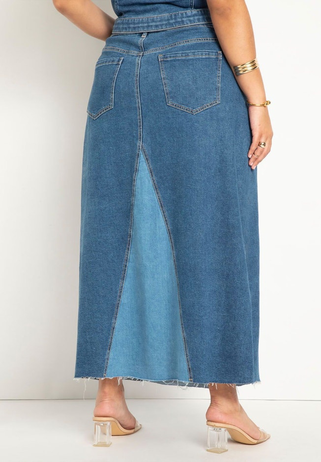 Colorblocked Denim Maxi Skirt image number null